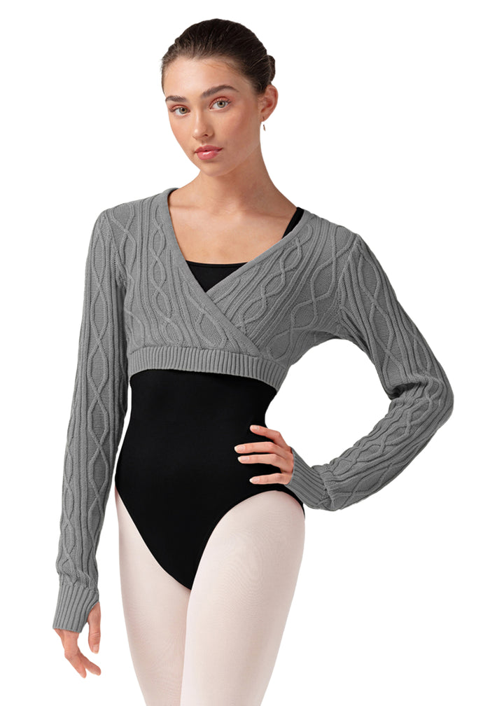 Bloch women's Atiyah mock wrap crop sweater in gray cable knit.