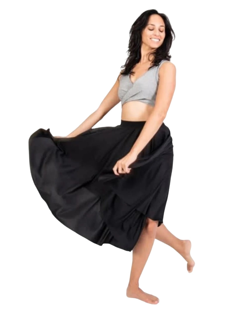 Body Wrappers 511 Women's Below-the-Knee Character Circle Skirt in Black, shown on a dancer