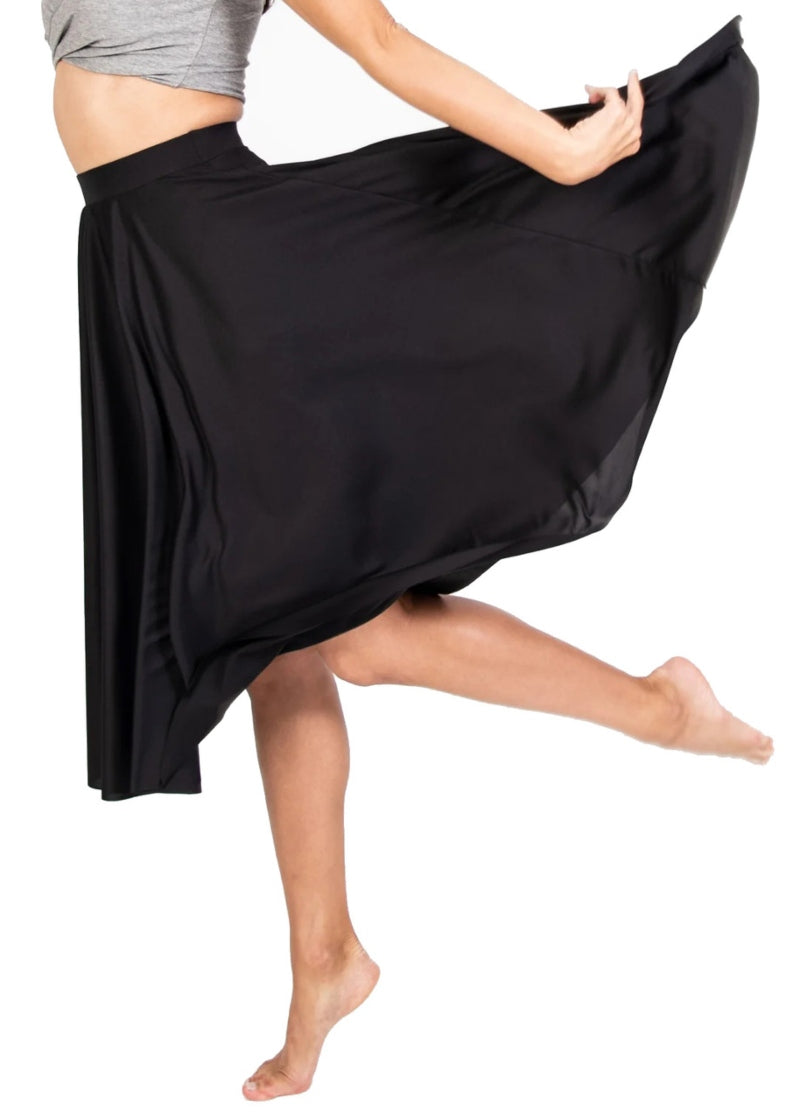 Body Wrappers 511 Women's Below-the-Knee Character Circle Skirt in Black, shown on a dancer