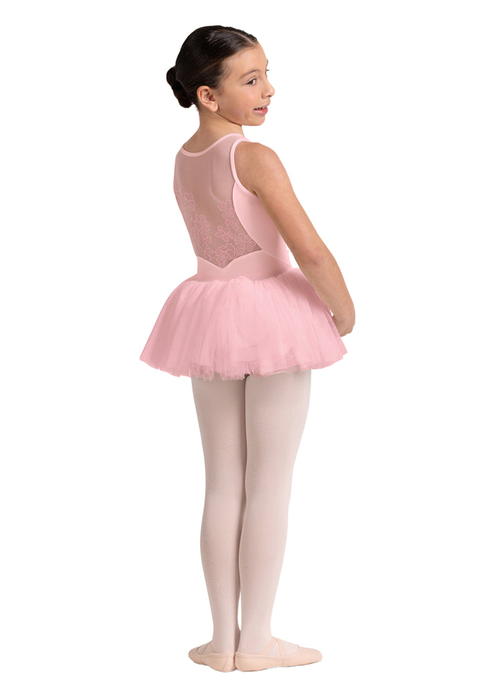 Bloch Maria youth tank dance dress in pink with floral mesh back and tulle skirt.