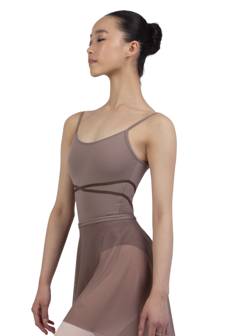 Nikolay womens Camilla camisole leotard in light brown with criss-cross empire waistline details.