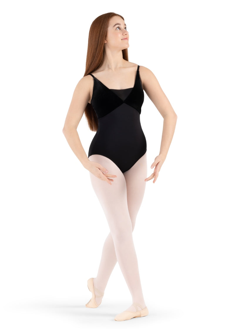 Capezio black camisole leotard with velvet bust and mesh insert