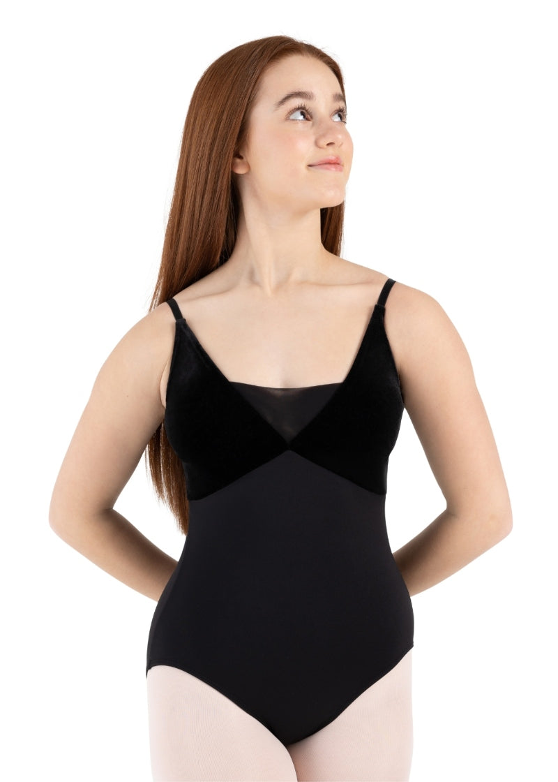 Capezio black camisole leotard with velvet bust and mesh insert