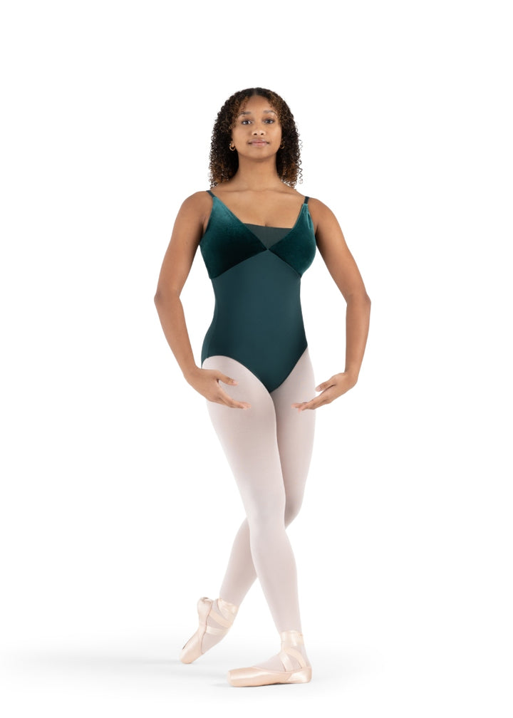 Capezio forest green camisole leotard with velvet bust and mesh insert