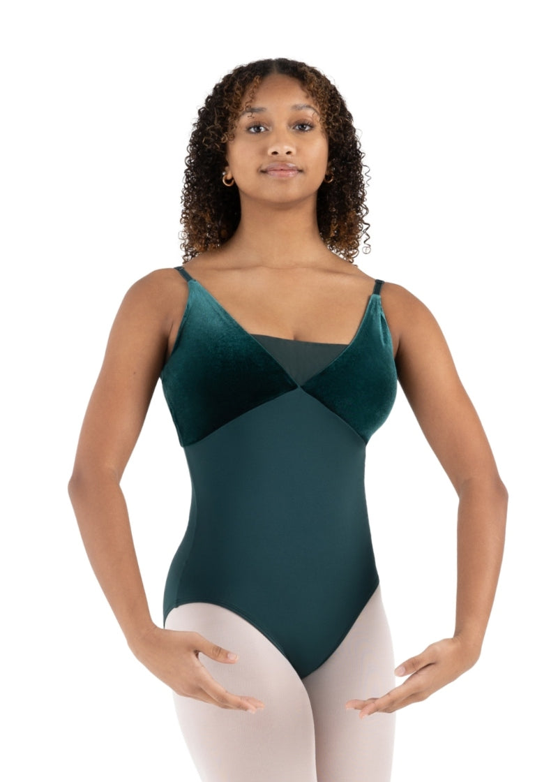 Capezio forest green camisole leotard with velvet bust and mesh insert