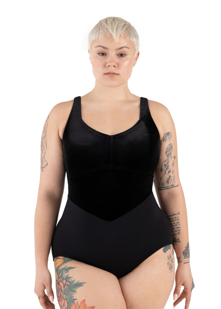 Capezio black tank leotard with velvet bodice and contouring seams