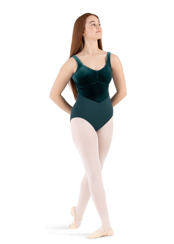 Capezio forest green tank leotard with velvet bodice and contouring seams