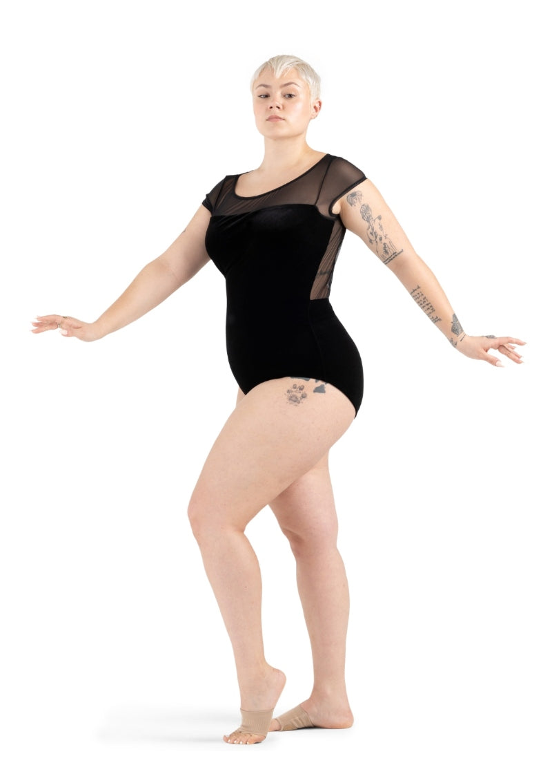 Capezio black cap sleeve leotard with mesh neckline and velvet body