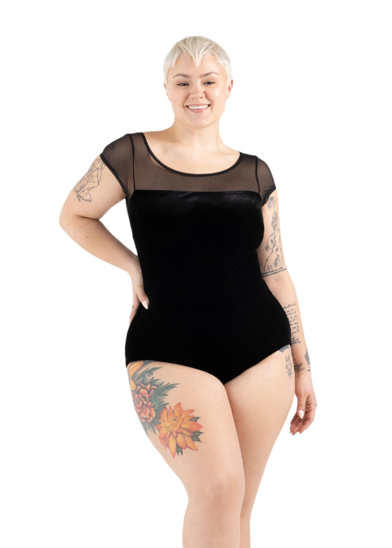 Capezio black cap sleeve leotard with mesh neckline and velvet body