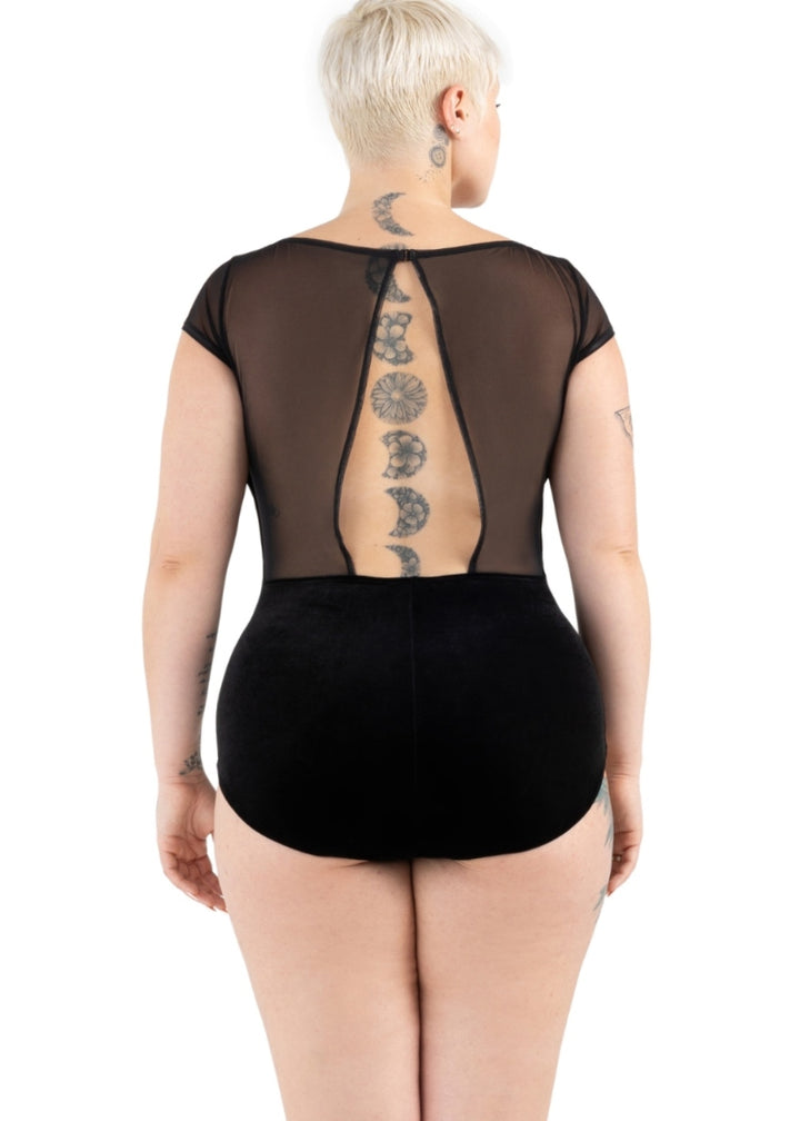 Capezio black velvet cap sleeve leotard with mesh open back