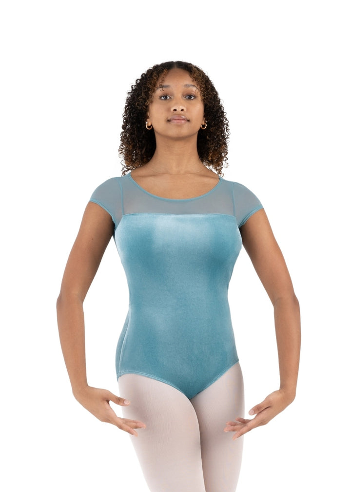 Capezio sage green cap sleeve leotard with mesh neckline and velvet body