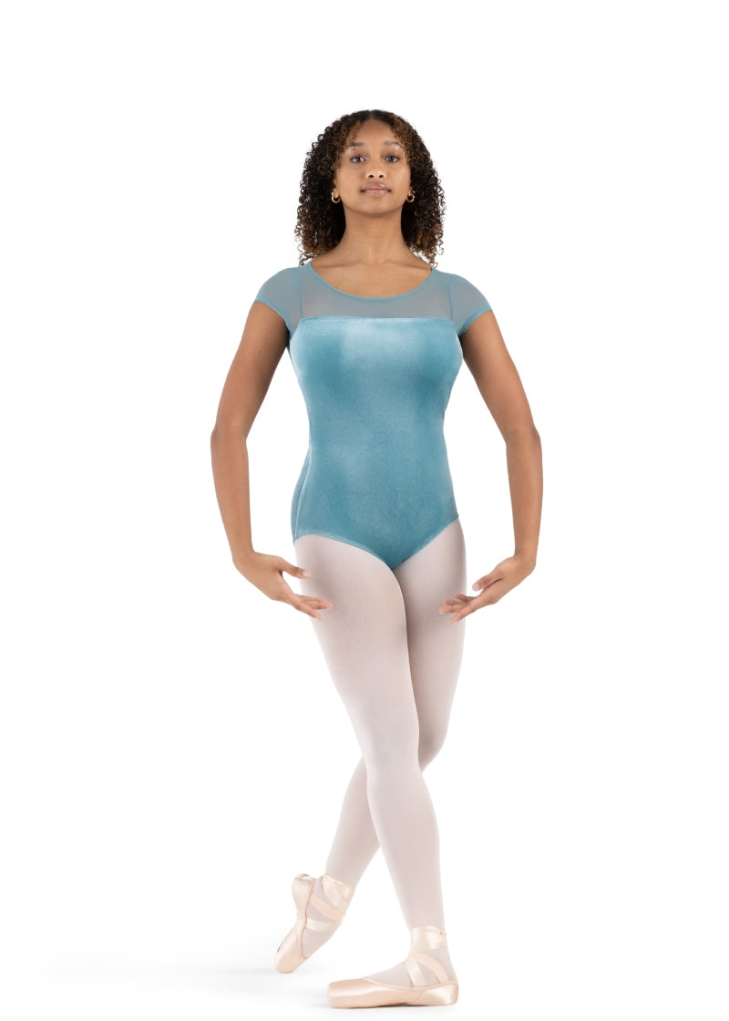 Capezio sage green cap sleeve leotard with mesh neckline and velvet body