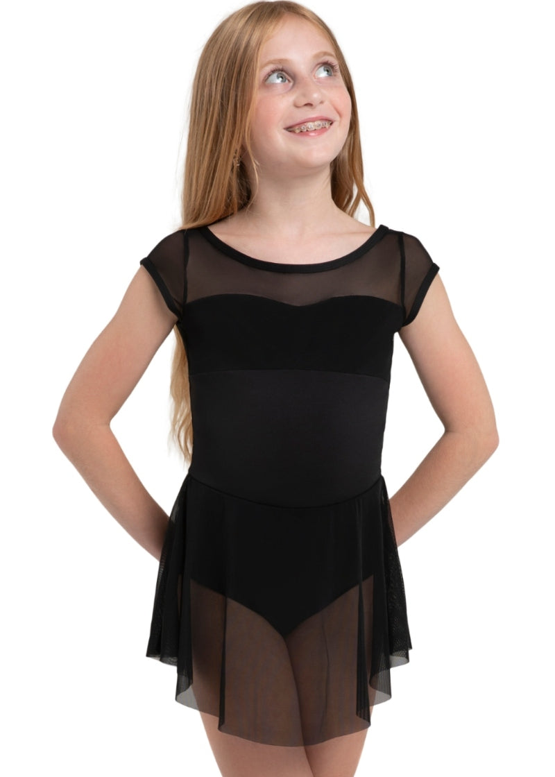Capezio black cap sleeve dance dress with mesh panels and skirt