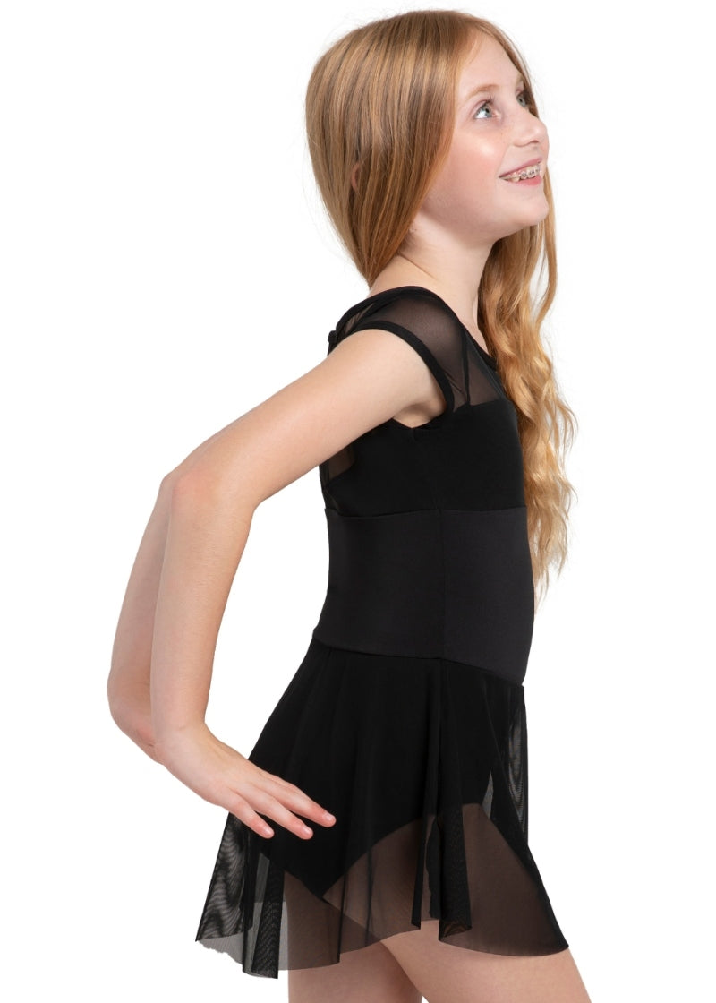Capezio black cap sleeve dance dress with mesh panels and skirt