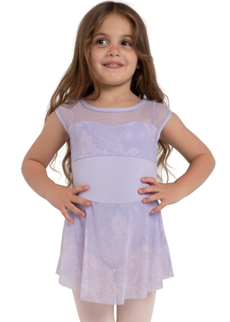 Capezio purple cap sleeve dance dress with floral mesh panels and skirt