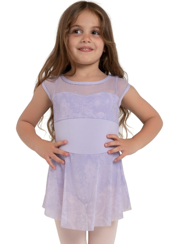 Capezio purple cap sleeve dance dress with floral mesh panels and skirt