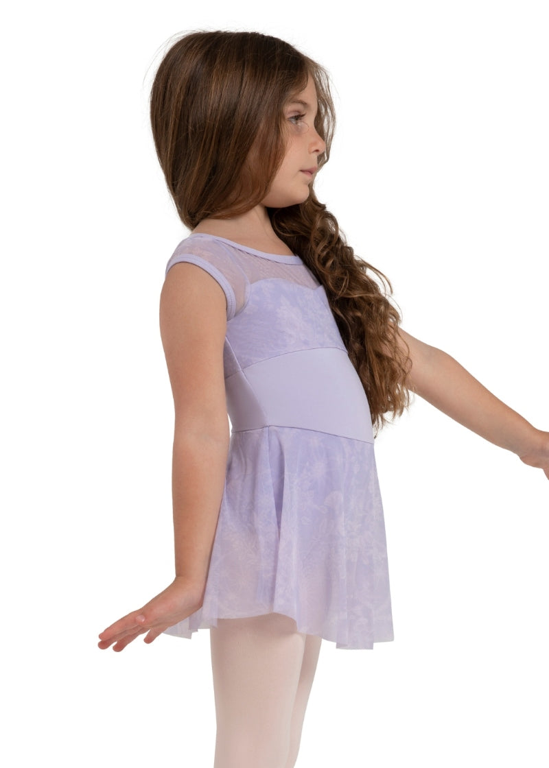 Capezio purple cap sleeve dance dress with floral mesh panels and skirt