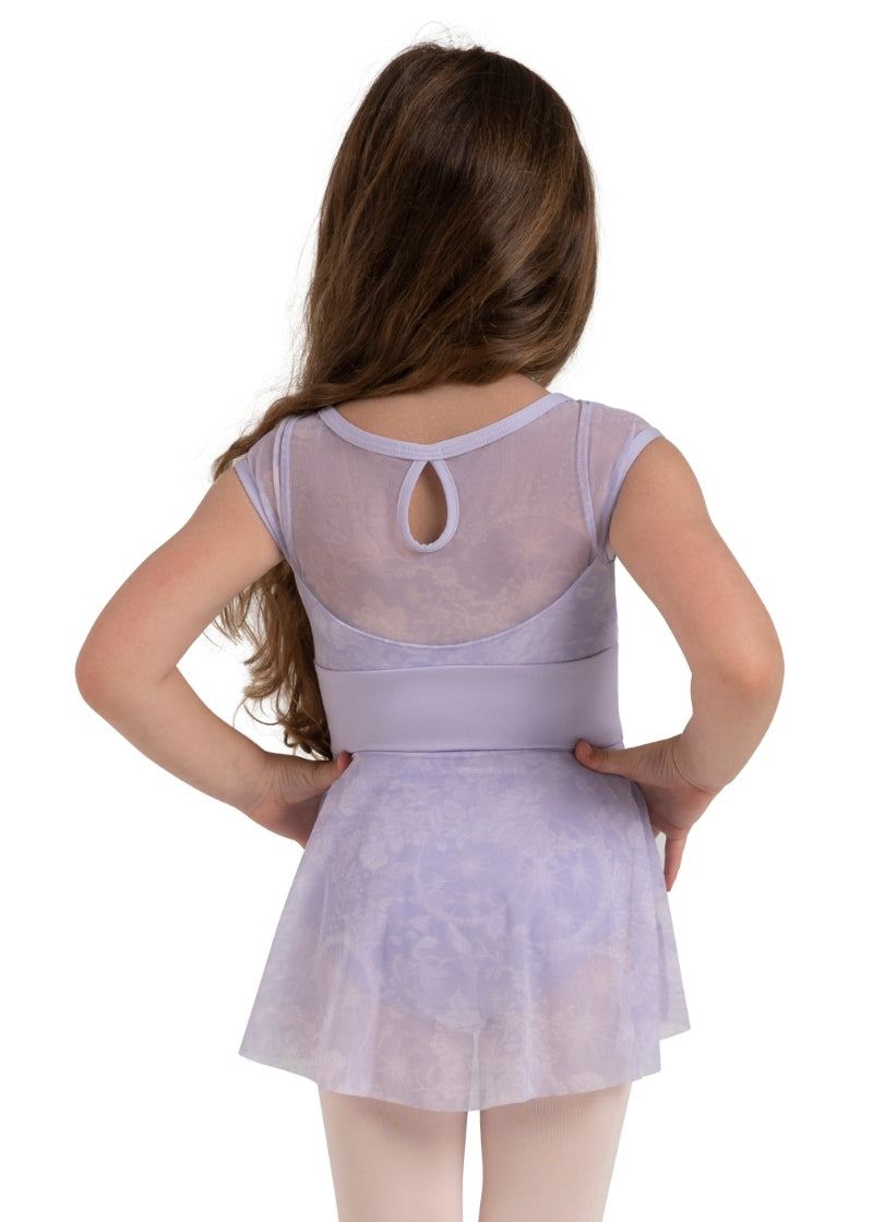 Capezio purple cap sleeve dance dress with floral mesh panels and skirt
