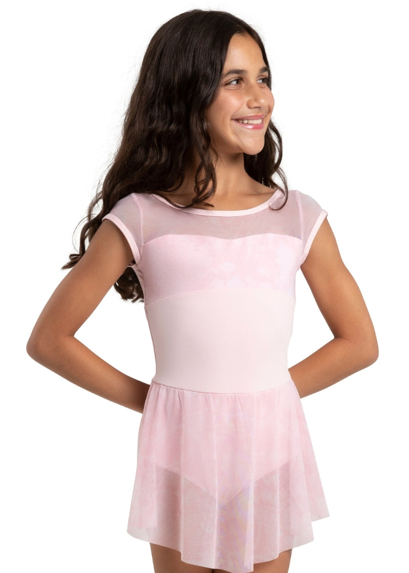 Capezio pink cap sleeve dance dress with floral mesh panels and skirt