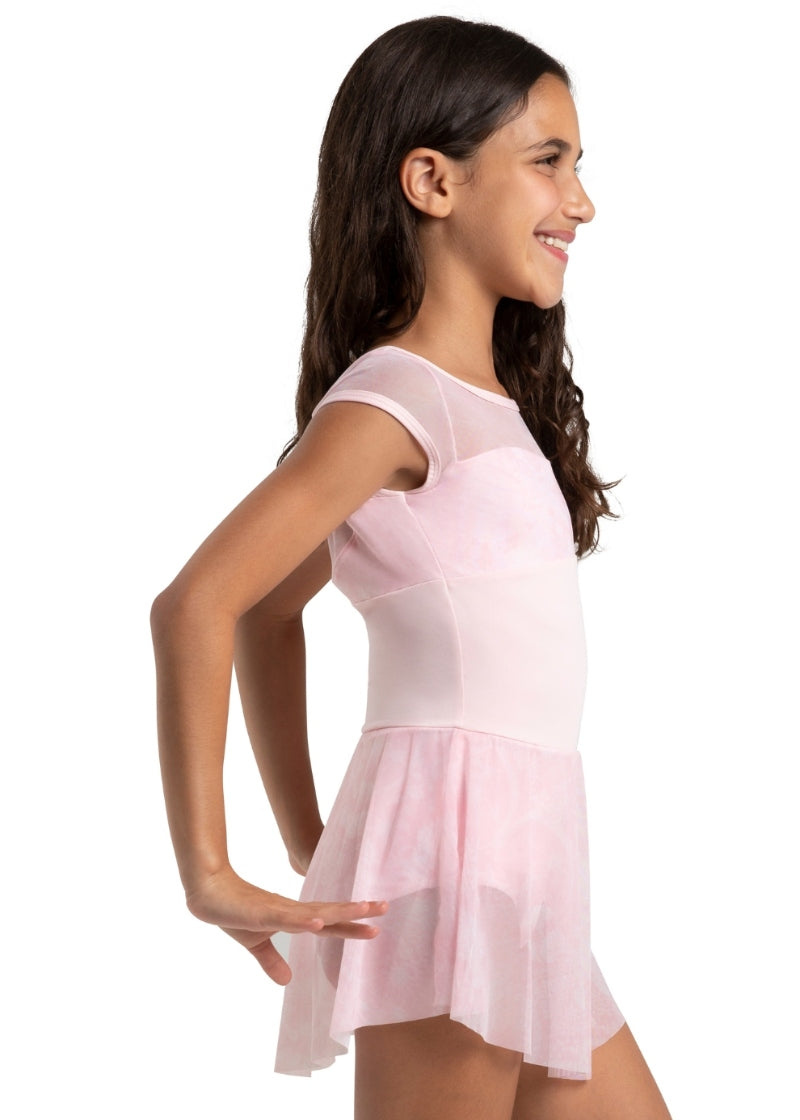 Capezio pink cap sleeve dance dress with floral mesh panels and skirt