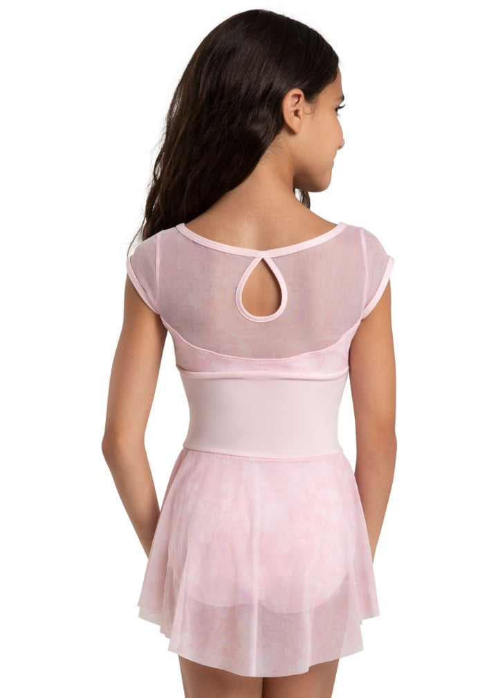 Capezio pink cap sleeve dance dress with floral mesh panels and skirt