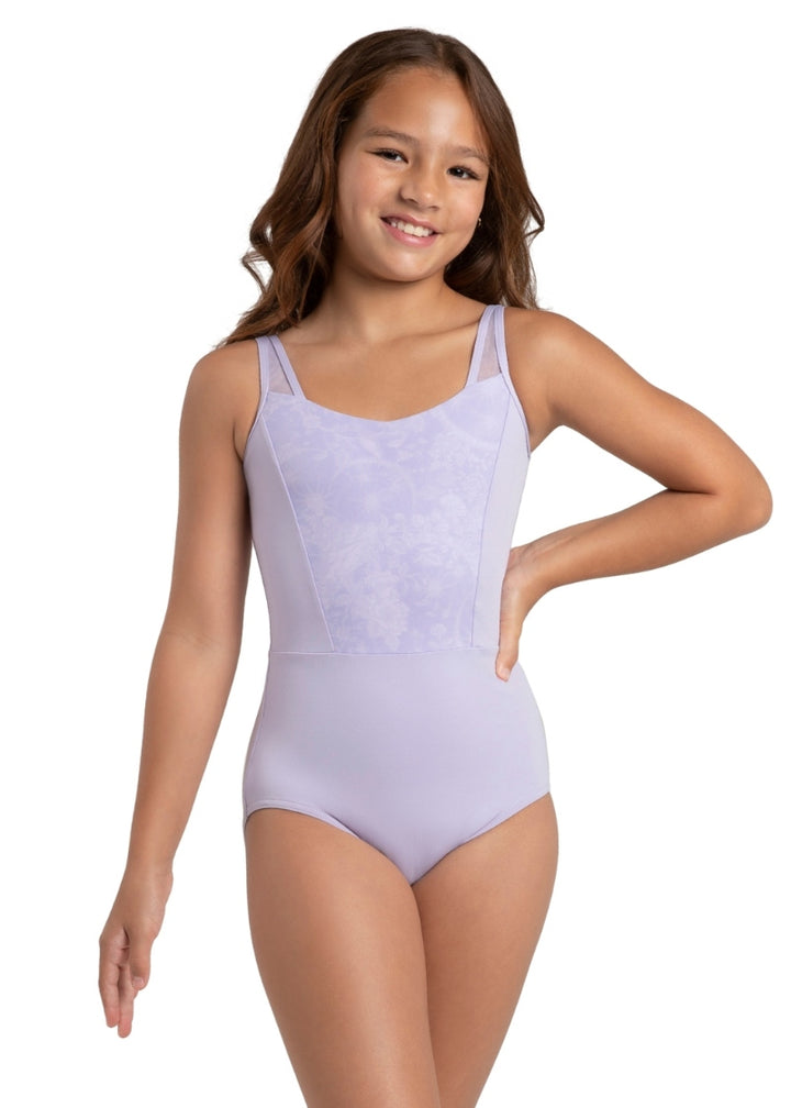 Capezio purple tank leotard with floral mesh panel