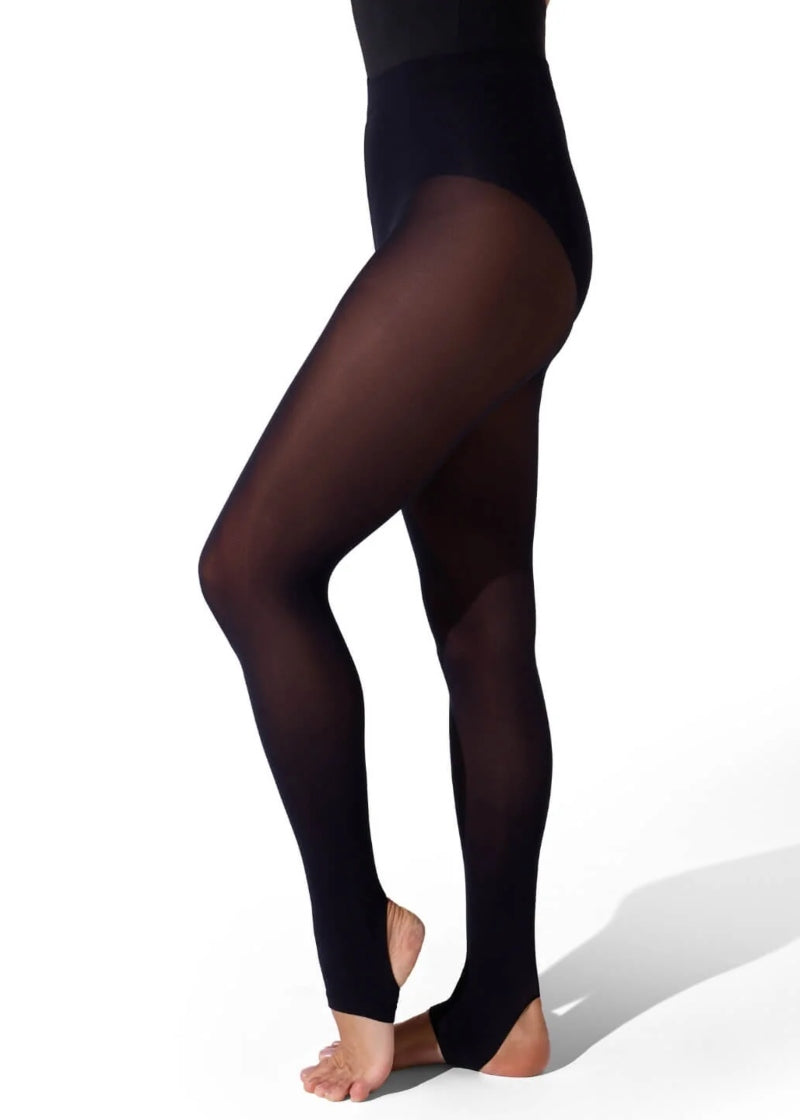 Capezio 1961 girls' nylon stirrup dance tights with softknit waistband in Black