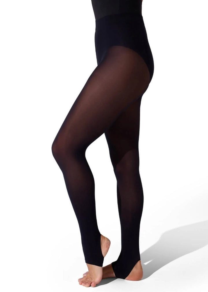 Capezio 1961 girls' nylon stirrup dance tights with softknit waistband in Black