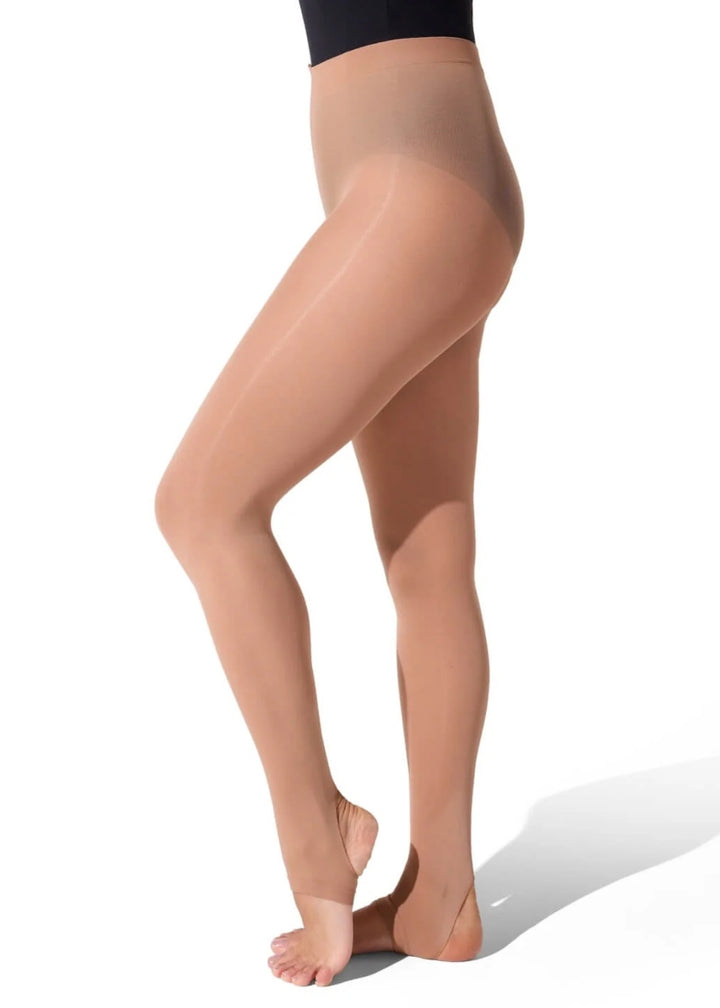 Capezio 1961 girls' nylon stirrup dance tights with softknit waistband in Light Suntan