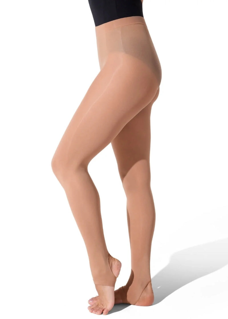 Capezio 1961 girls' nylon stirrup dance tights with softknit waistband in Light Tan
