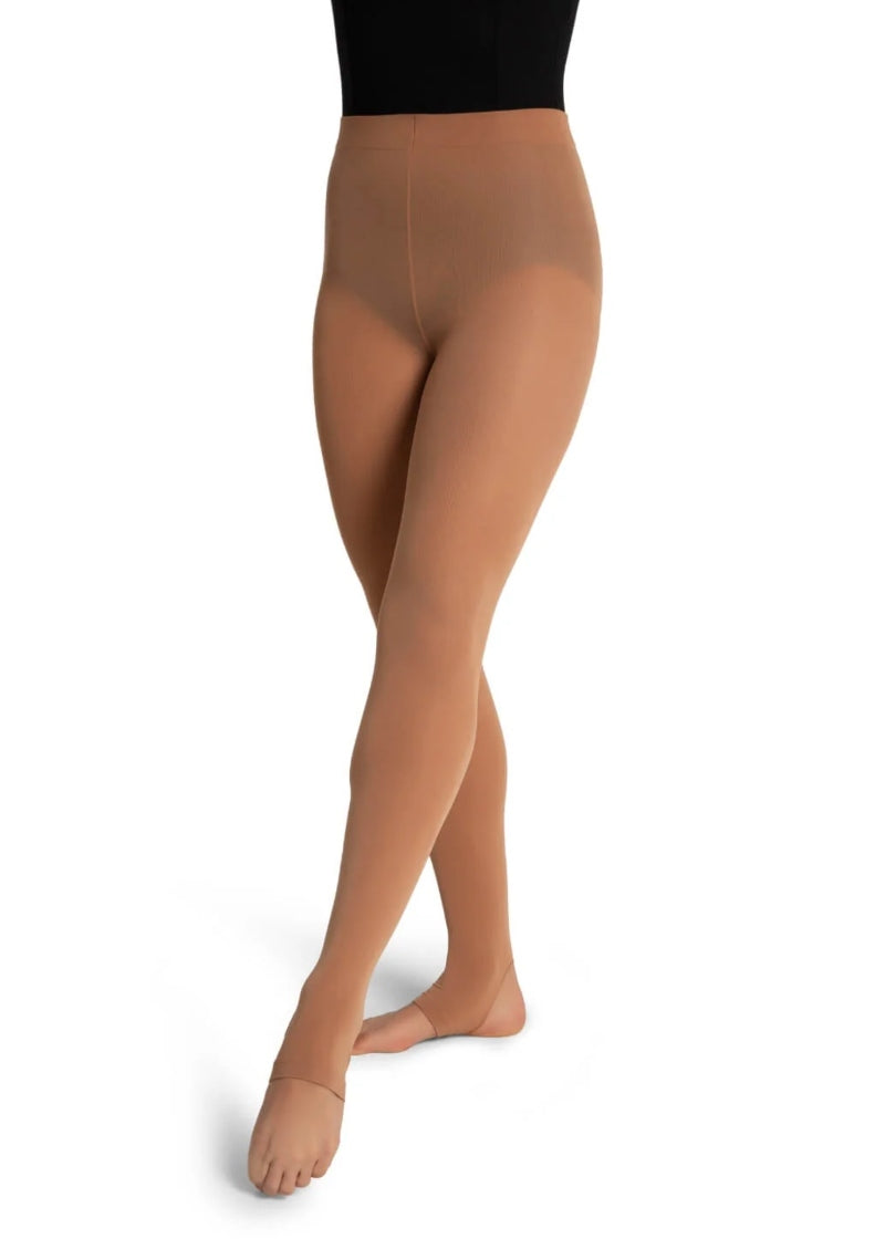 Capezio 1961 girls' nylon stirrup dance tights with softknit waistband in Toasted Almond