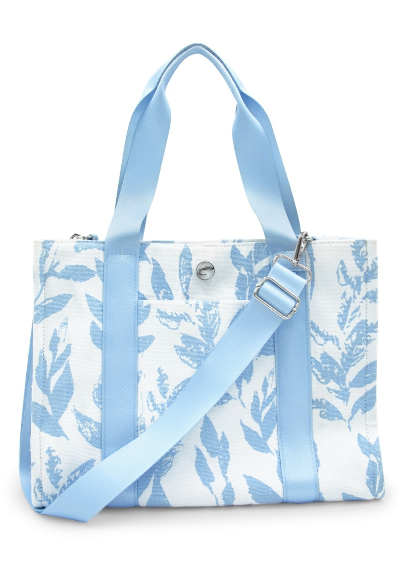 Capezio B316 Women's Soho Canvas Tote Bag in white and light blue floral Suble Leaf Horizon print made with 100% cotton twill and grosgrain handles and detachable adjustable shoulder strap