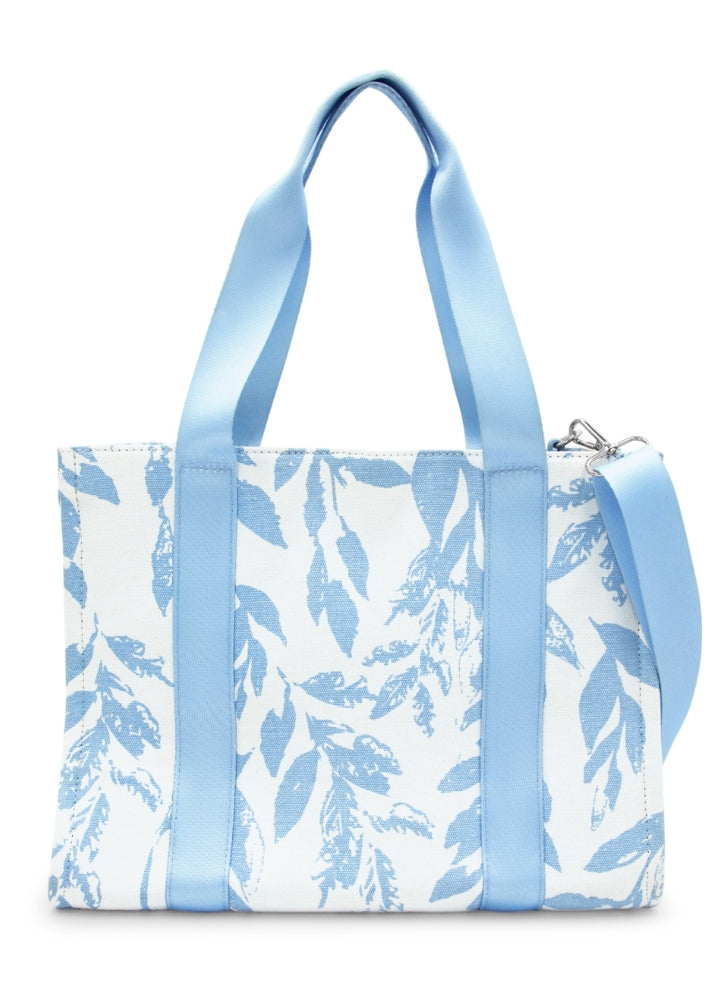 Capezio B316 Women's Soho Canvas Tote Bag in white and light blue floral Suble Leaf Horizon print made with 100% cotton twill and grosgrain handles and detachable adjustable shoulder strap