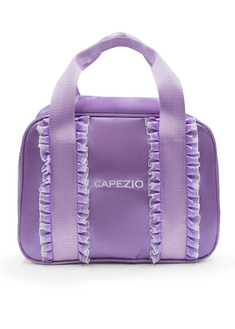 purple dance duffel bag with ruffles and nylon handles
