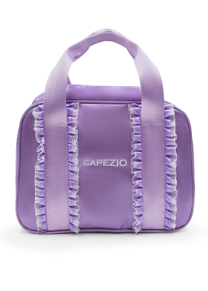 purple dance duffel bag with ruffles and nylon handles