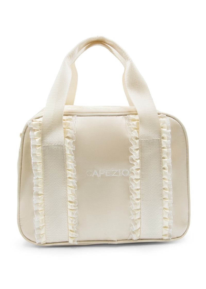 butter yellow dance duffel bag with ruffles and nylon handles