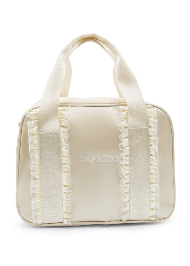 butter yellow dance duffel bag with ruffles and nylon handles