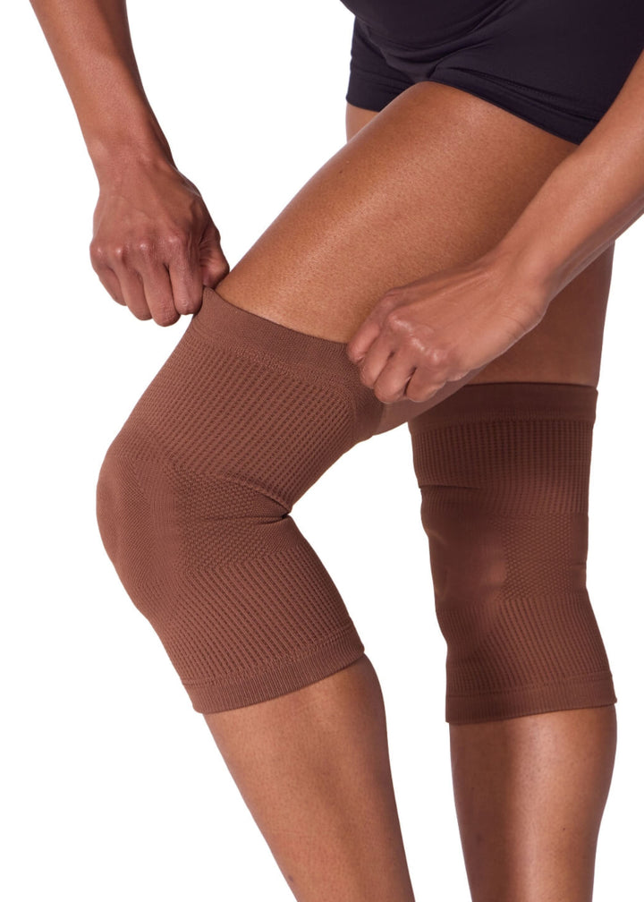 Capezio BH1652 Bunheads Gel Knee Pads for Dancers in Maple (warm-tone brown) with contoured gel padding and breathable antibacterial stretch fabric