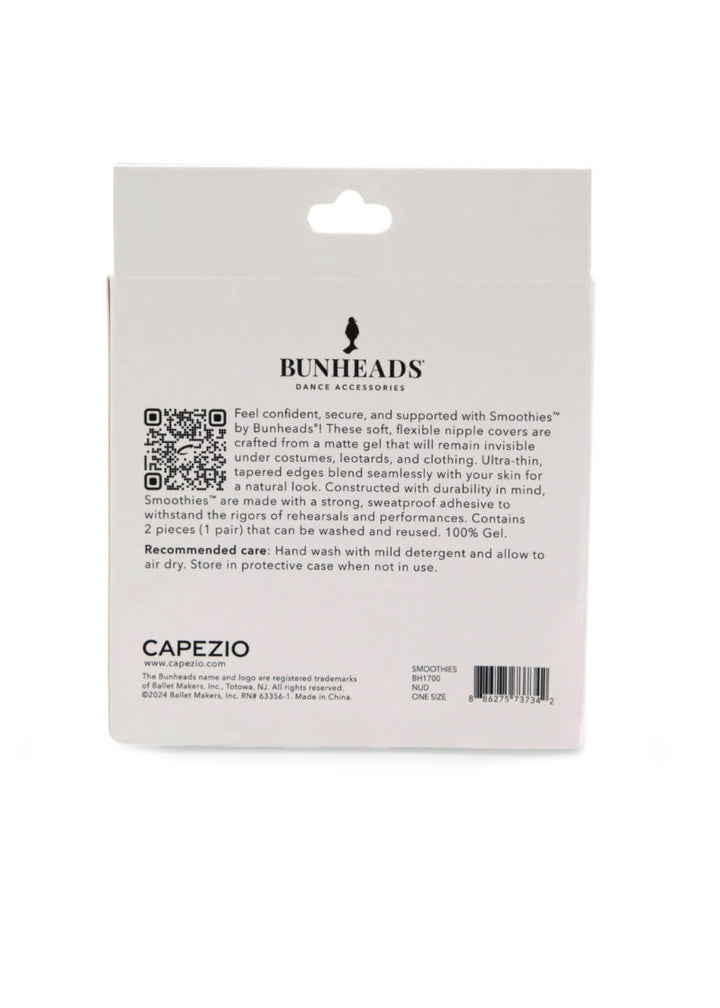 Back of package of Capezio BH1700 Bunheads Smoothies Resuable Silicone Nipple Concealers