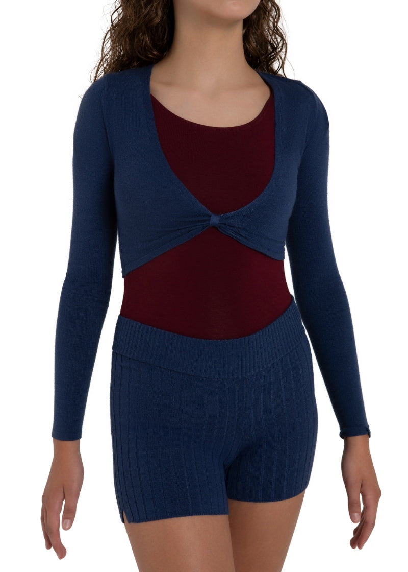 Capezio blue crop sweater with pinch front