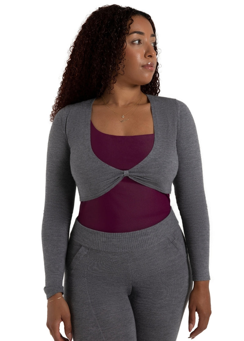 Capezio gray crop sweater with pinch front
