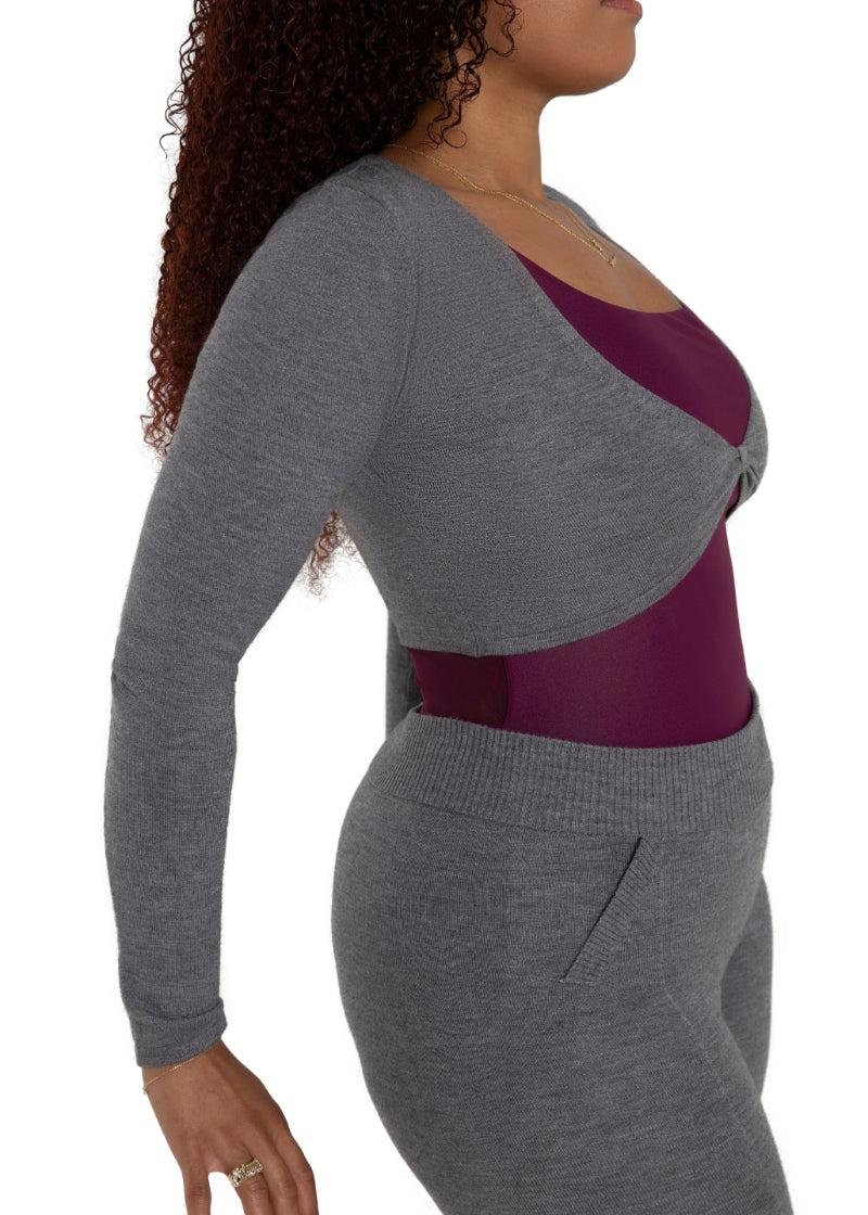 Capezio gray crop sweater with pinch front