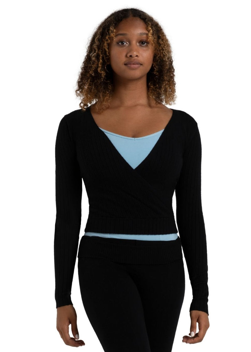 Capezio black ribbed knit wrap sweater