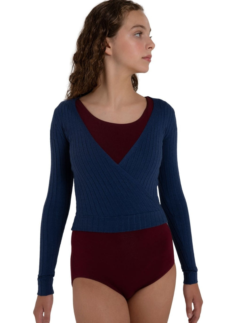 Capezio blue ribbed knit wrap sweater