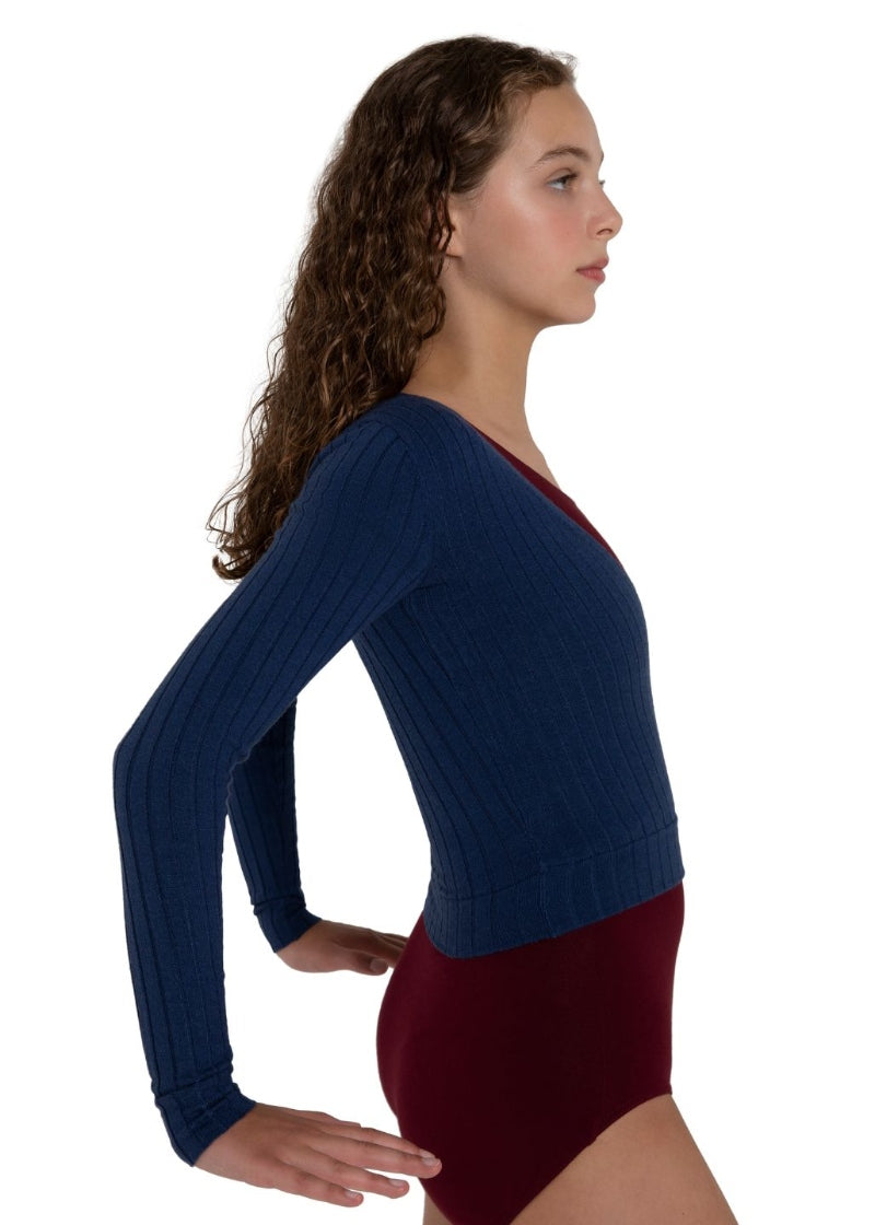 Capezio blue ribbed knit wrap sweater