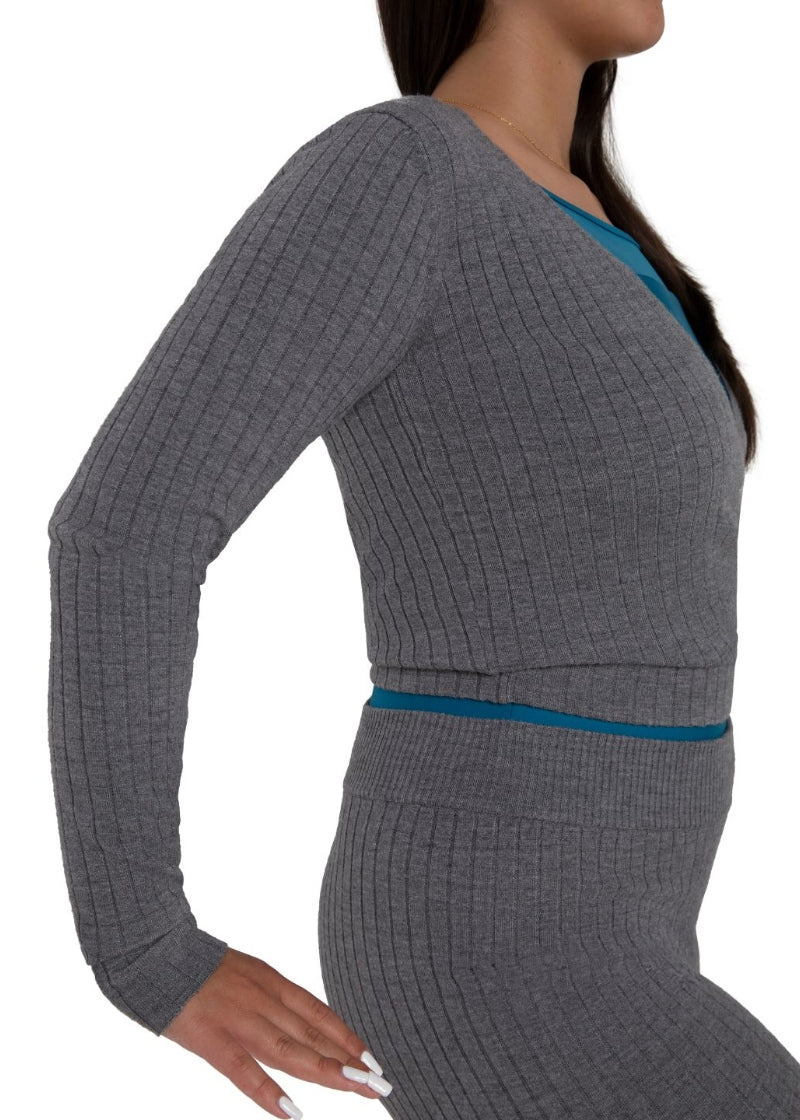 Capezio gray ribbed knit wrap sweater