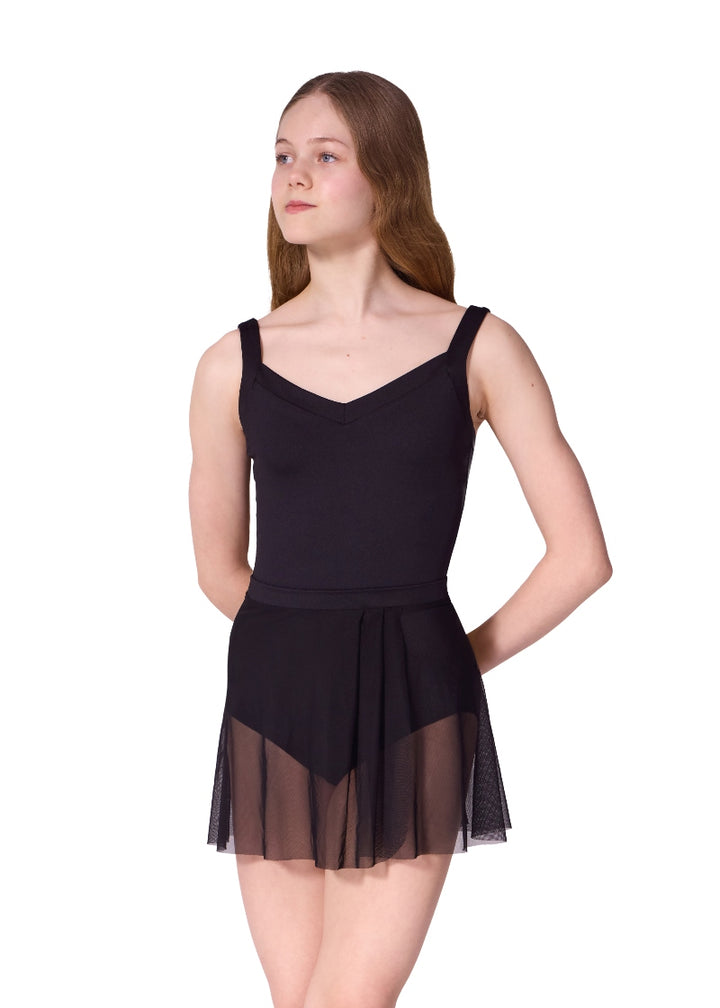 Capezio F12602W Dreamy tank leotard in black with V neckline pictured with Capezio F12605W Sentimental mesh pull-on skirt