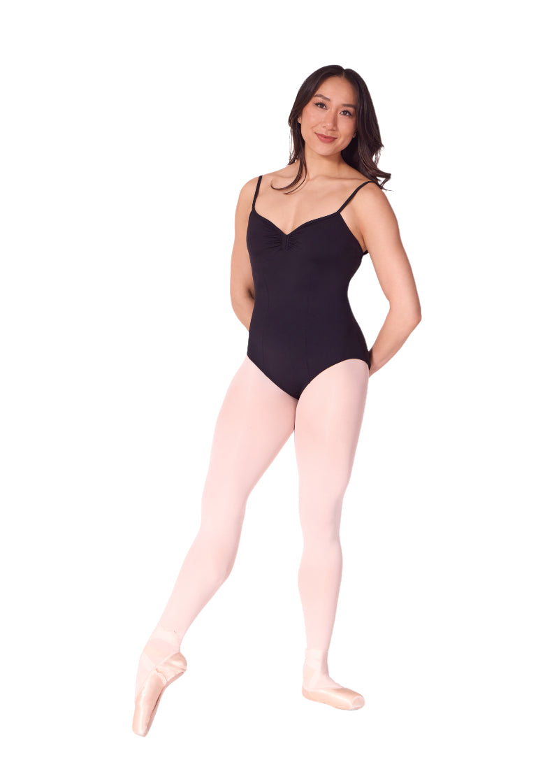 Capezio women's camisole leotard in black with pinch front neckline.