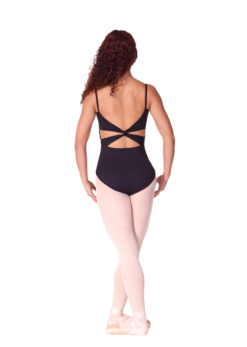 Capezio women's camisole leotard in black with twisted back panels.