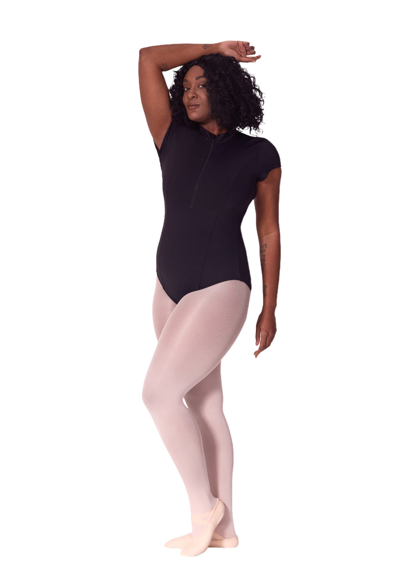 Capezio women's short sleeve leotard in black with zip front, mock neck, and princess seams.